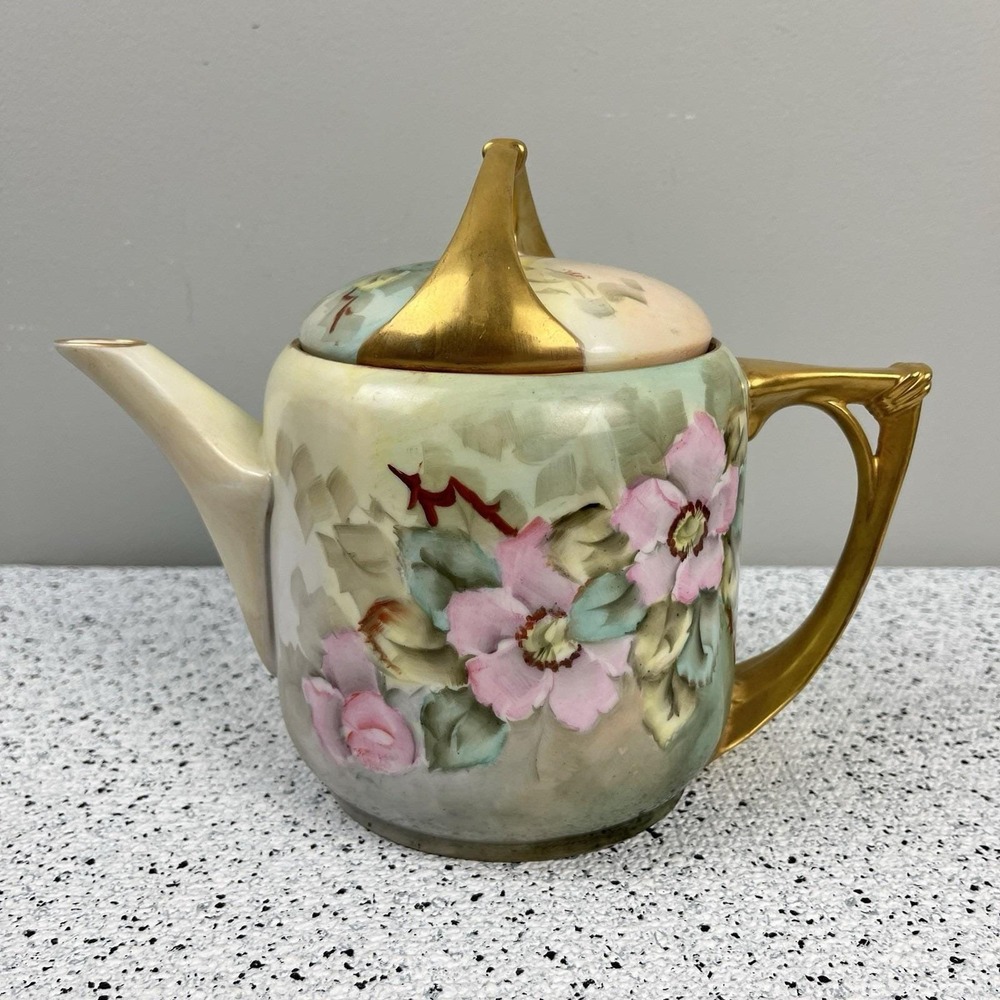Vintage N. McCleary Cottagecore Floral Porcelain Teapot Gold Gilt Handles‎
